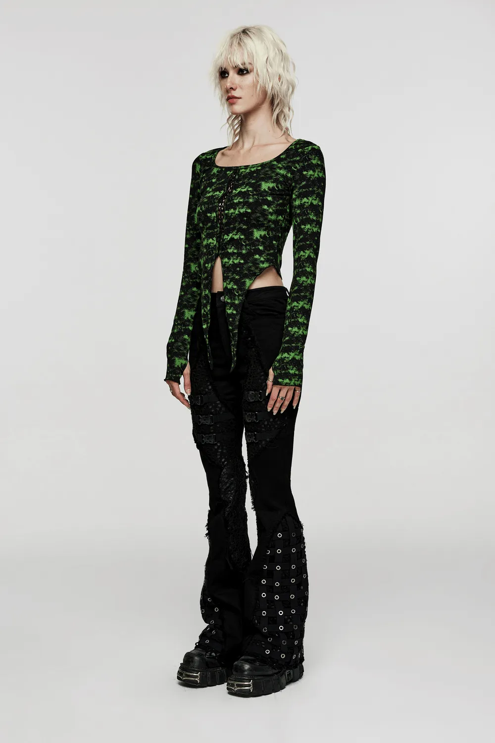 Stylish Punk Edgy Mesh-Insert Eyelet Denim Flares