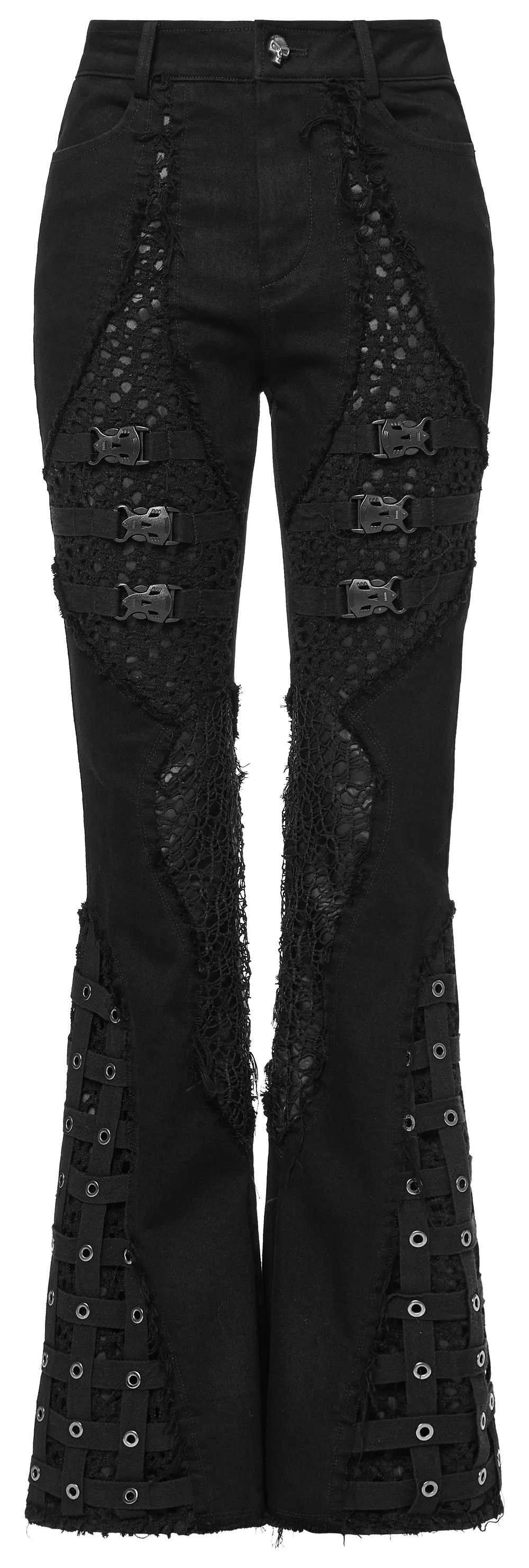 Stylish Punk Edgy Mesh-Insert Eyelet Denim Flares