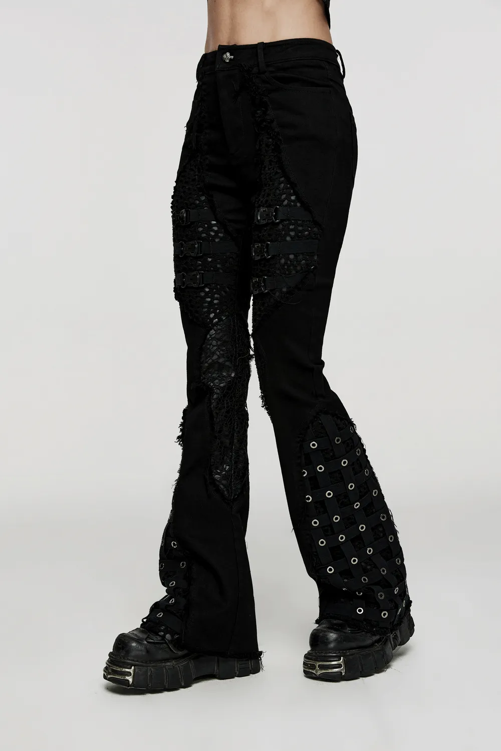 Stylish Punk Edgy Mesh-Insert Eyelet Denim Flares