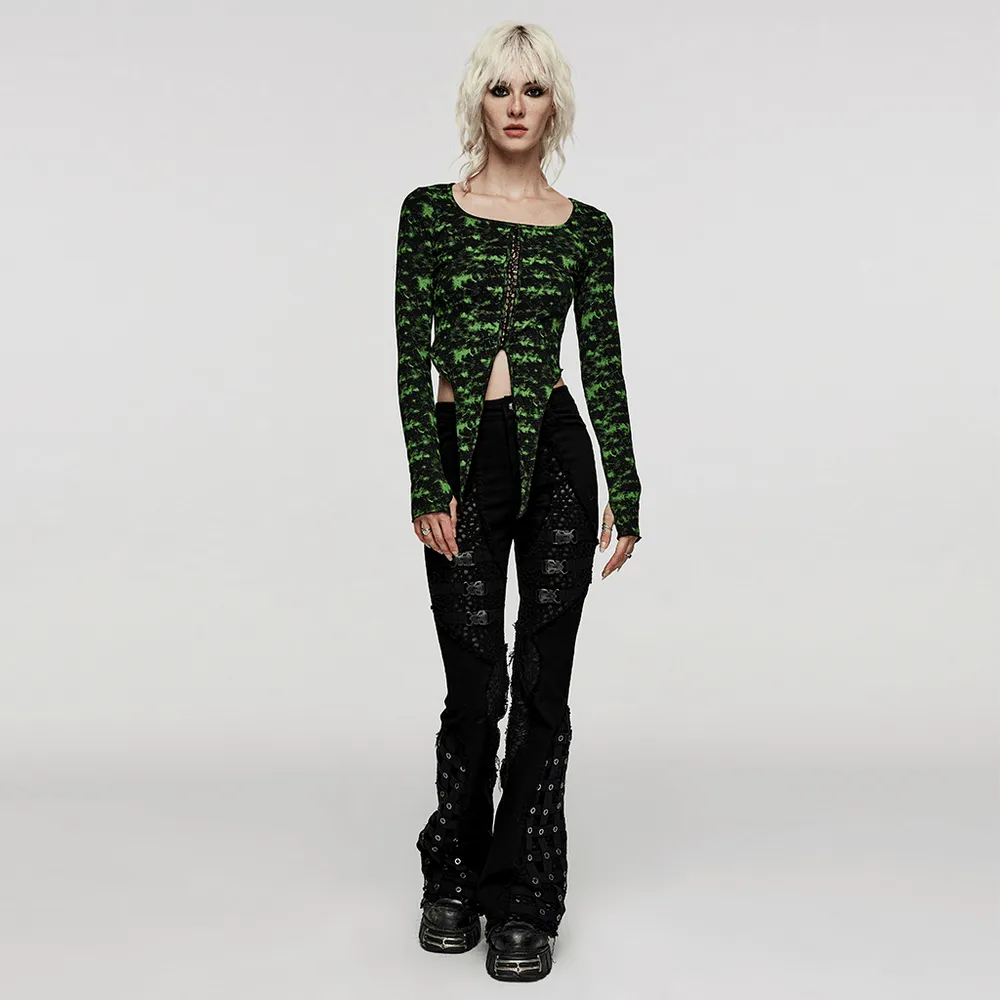 Stylish Punk Edgy Mesh-Insert Eyelet Denim Flares