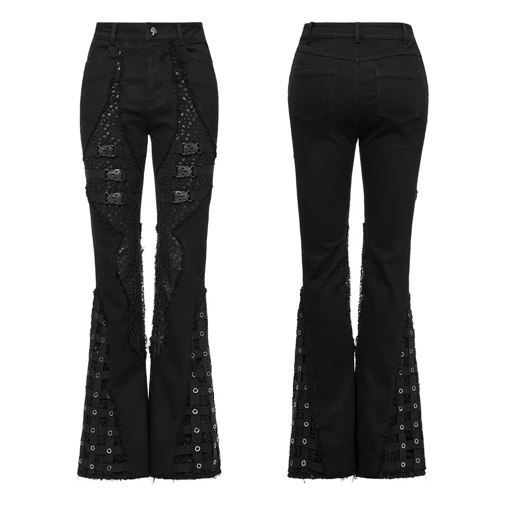 Stylish Punk Edgy Mesh-Insert Eyelet Denim Flares