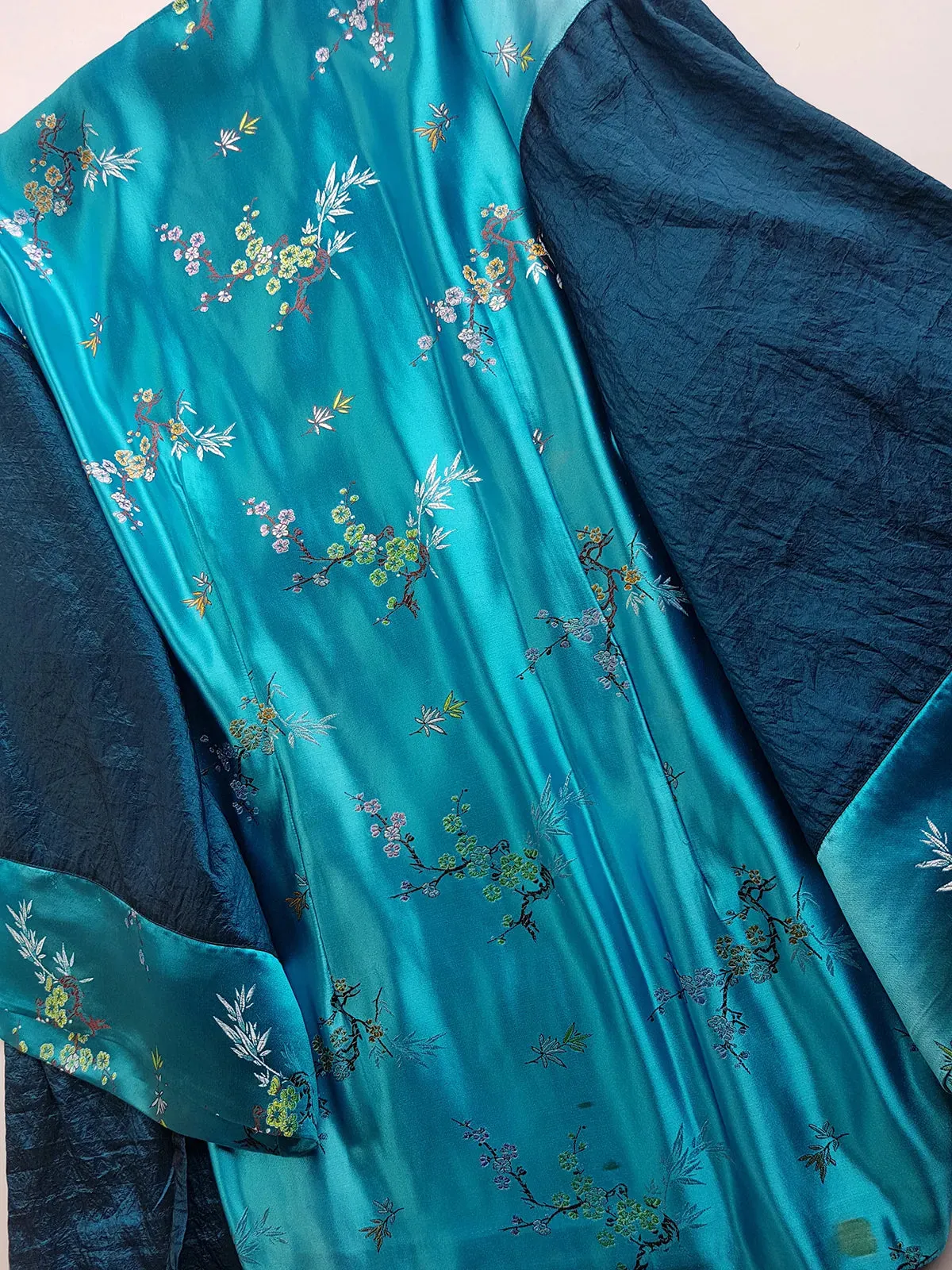 Sumptuous Silk Satin 90s Oriental Brocade & Azure Blue Wrap Jacket / Mini Dress - Perfect Evening Piece