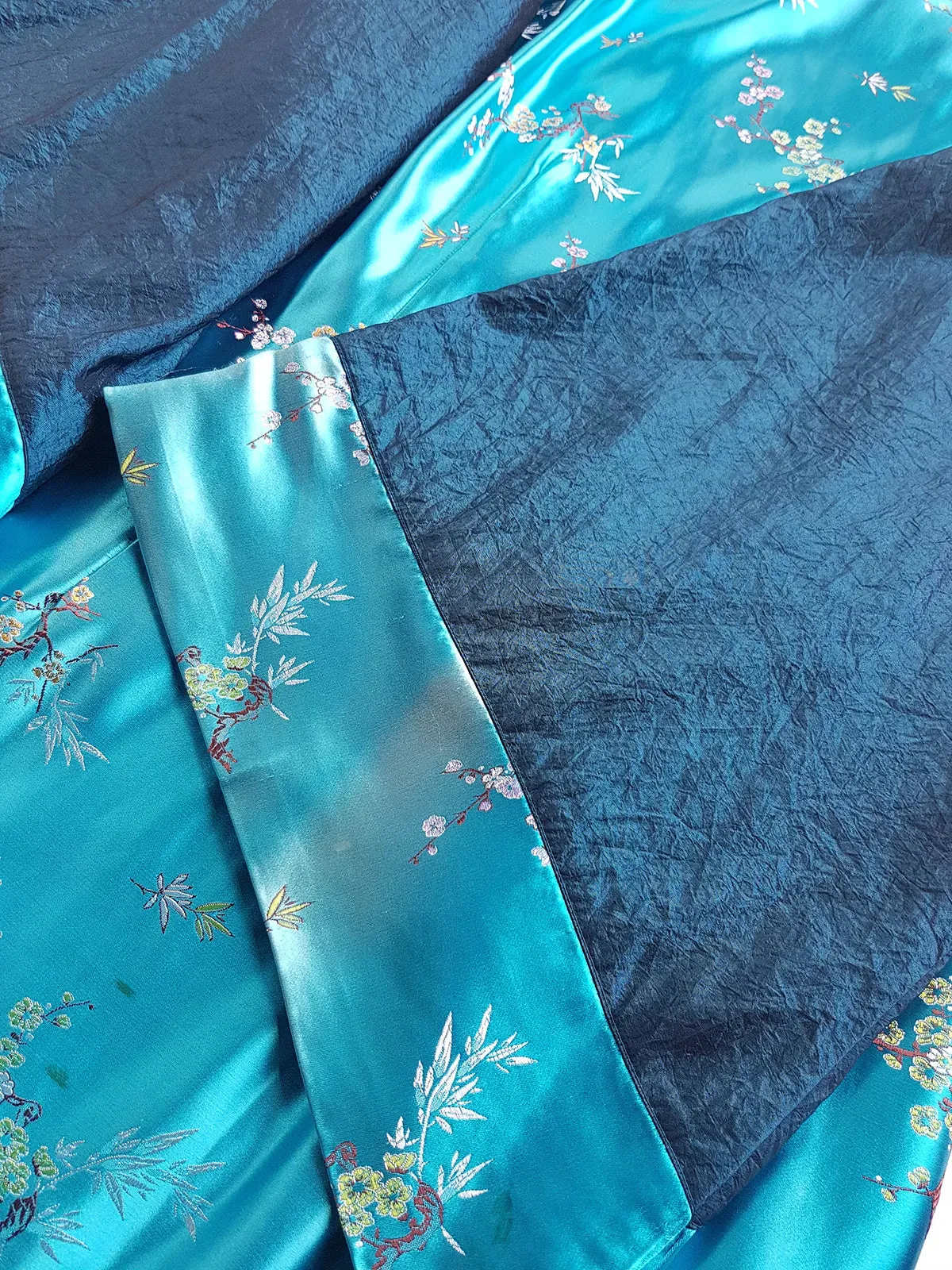 Sumptuous Silk Satin 90s Oriental Brocade & Azure Blue Wrap Jacket / Mini Dress - Perfect Evening Piece