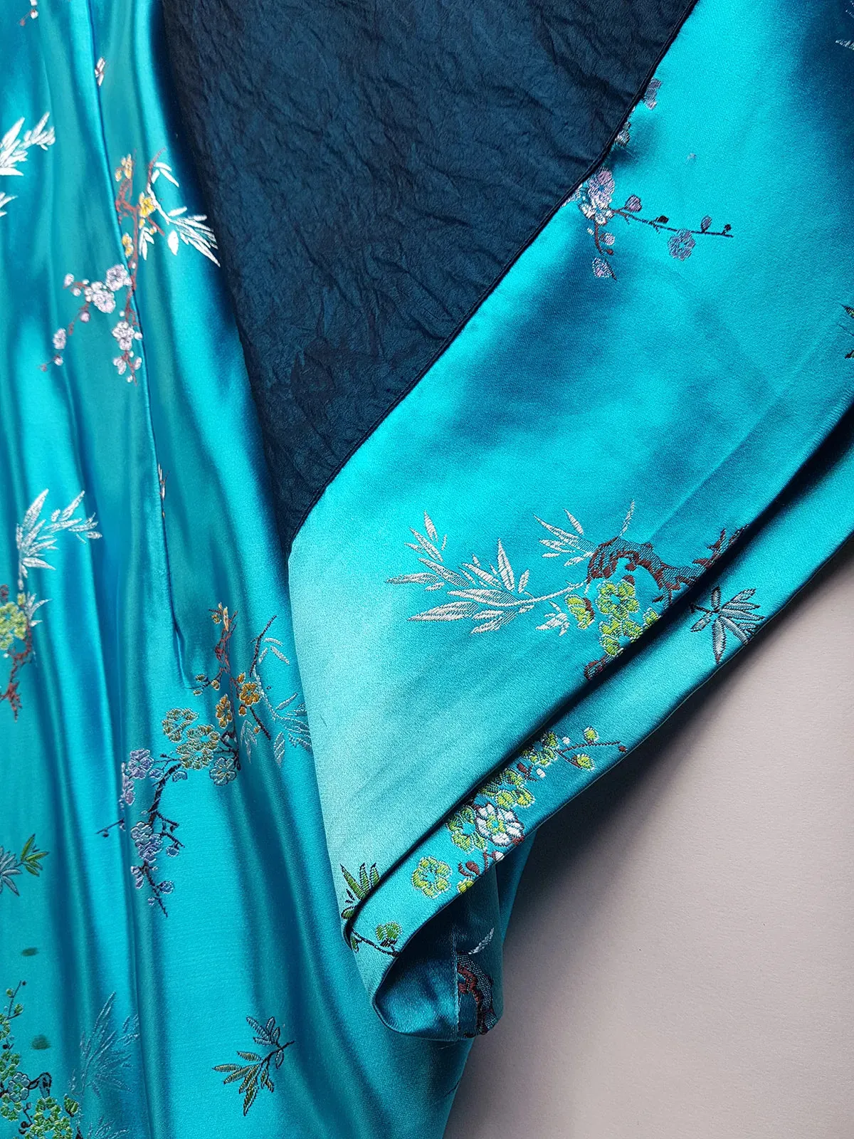 Sumptuous Silk Satin 90s Oriental Brocade & Azure Blue Wrap Jacket / Mini Dress - Perfect Evening Piece