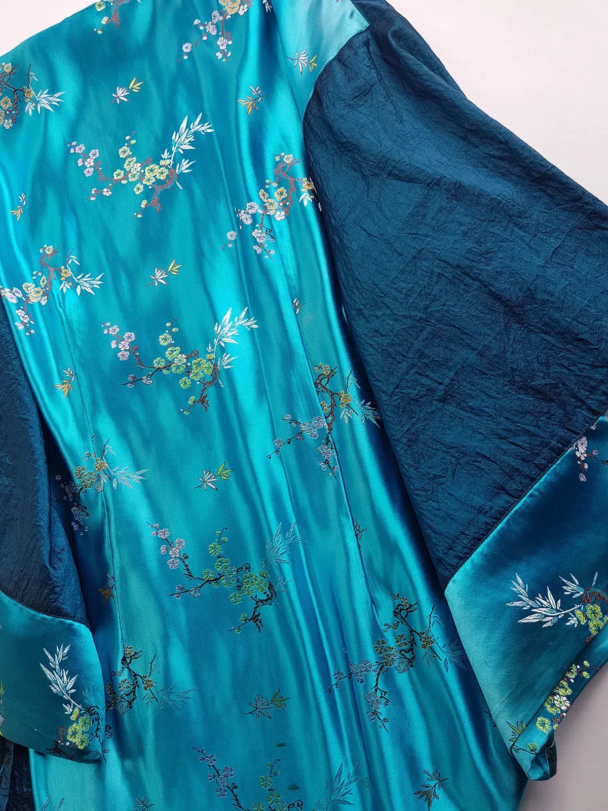 Sumptuous Silk Satin 90s Oriental Brocade & Azure Blue Wrap Jacket / Mini Dress - Perfect Evening Piece