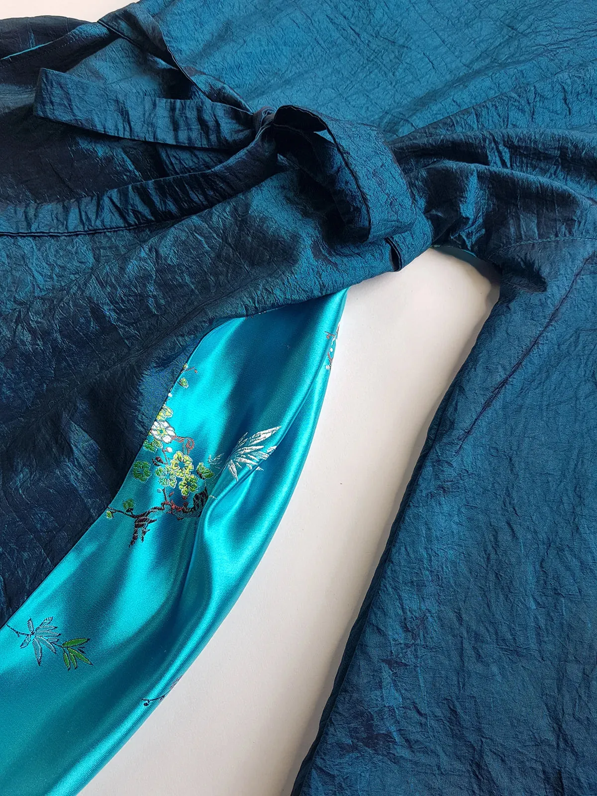 Sumptuous Silk Satin 90s Oriental Brocade & Azure Blue Wrap Jacket / Mini Dress - Perfect Evening Piece