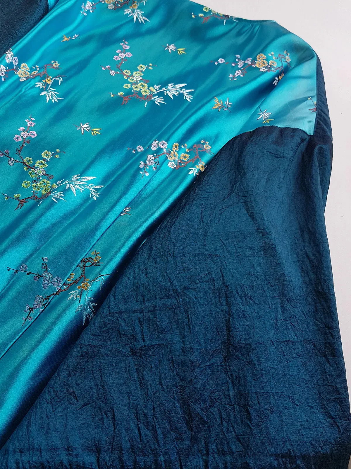 Sumptuous Silk Satin 90s Oriental Brocade & Azure Blue Wrap Jacket / Mini Dress - Perfect Evening Piece