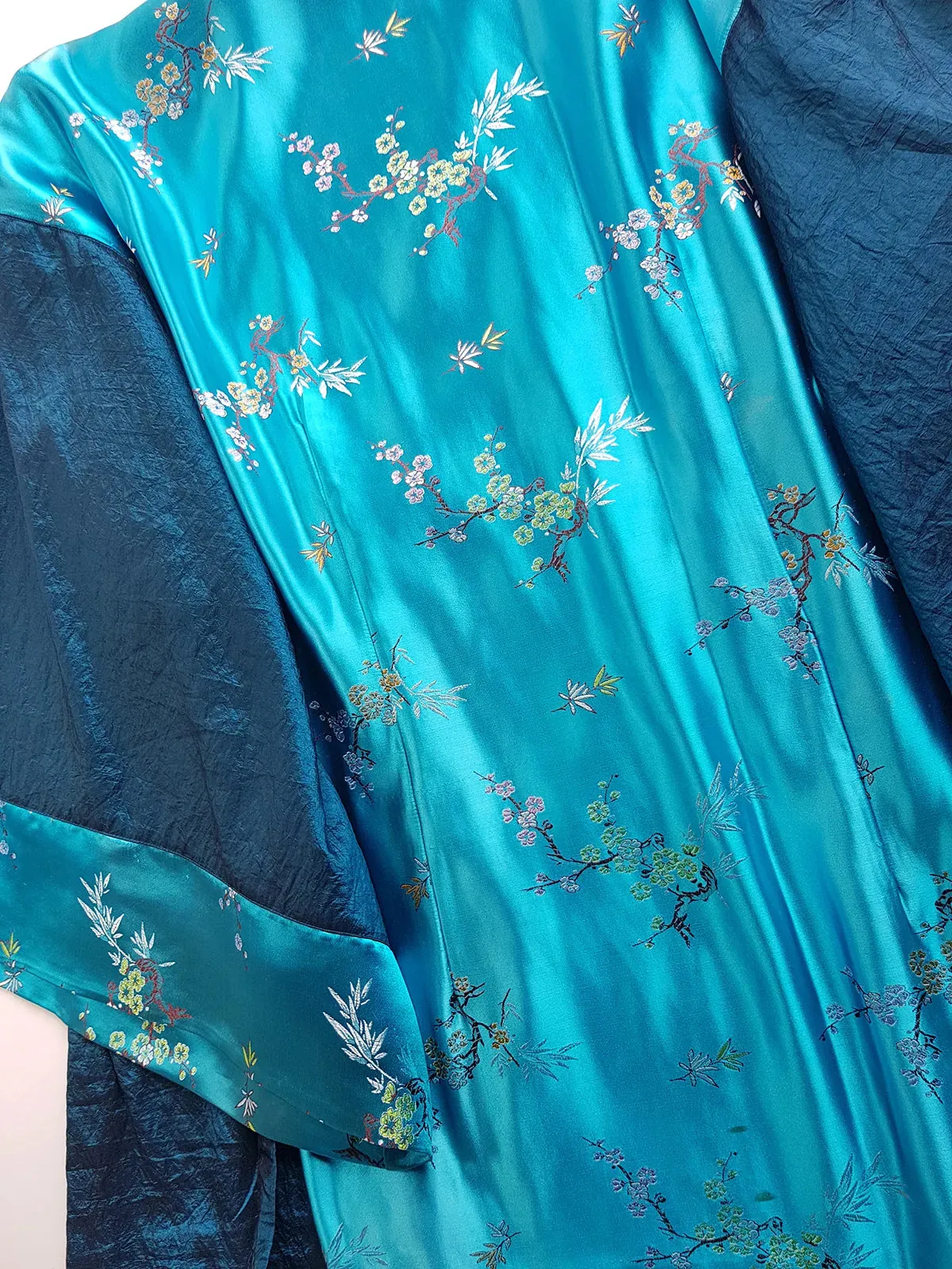 Sumptuous Silk Satin 90s Oriental Brocade & Azure Blue Wrap Jacket / Mini Dress - Perfect Evening Piece