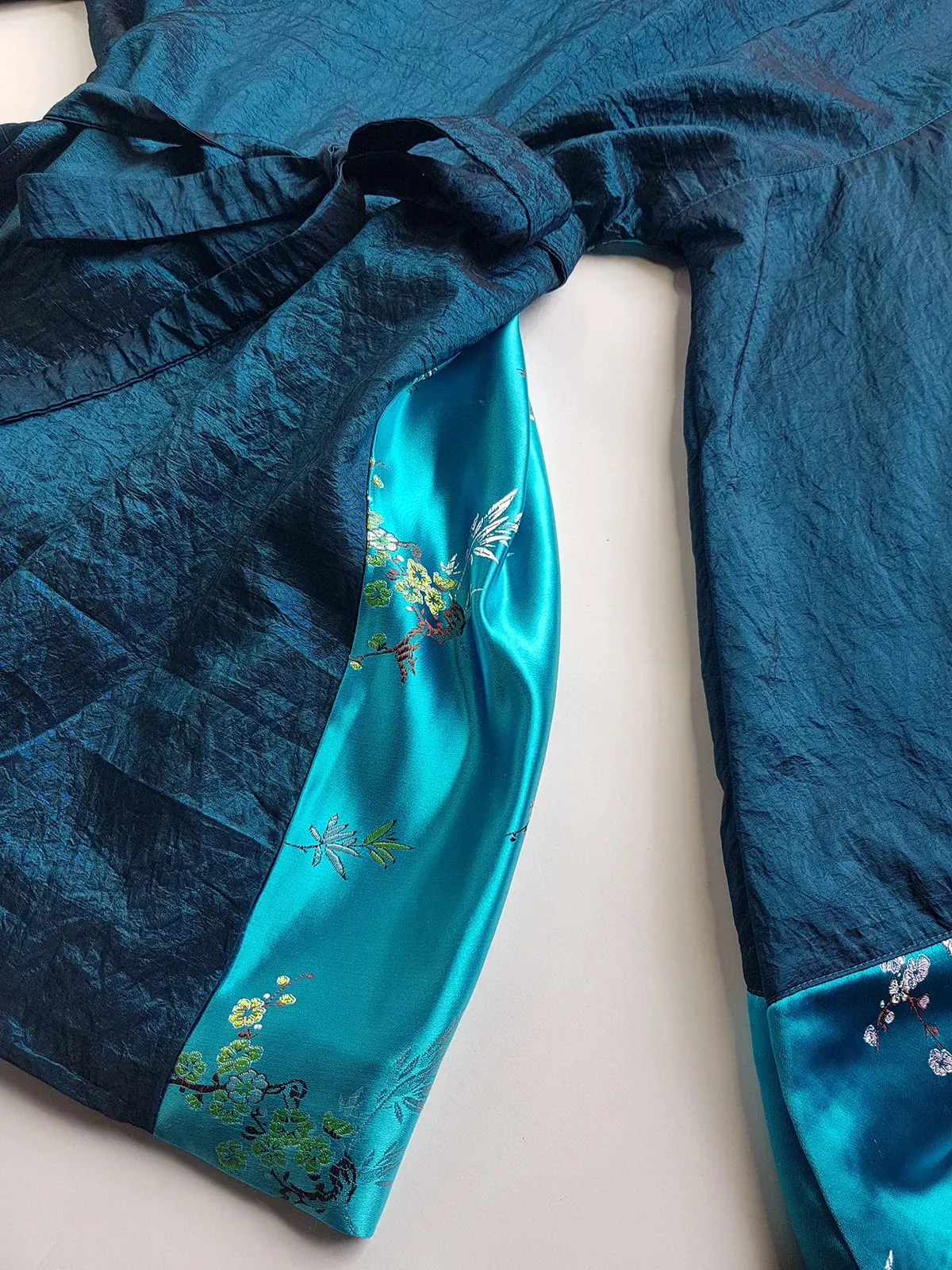 Sumptuous Silk Satin 90s Oriental Brocade & Azure Blue Wrap Jacket / Mini Dress - Perfect Evening Piece