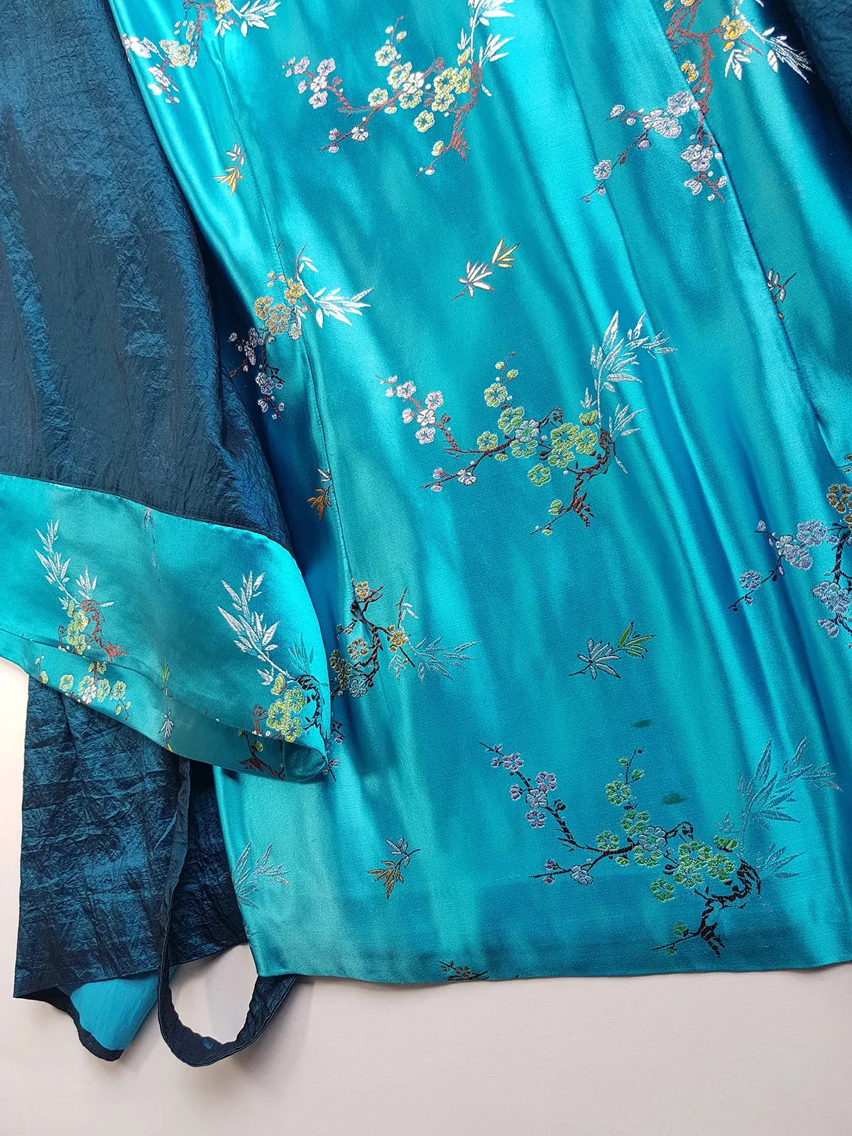 Sumptuous Silk Satin 90s Oriental Brocade & Azure Blue Wrap Jacket / Mini Dress - Perfect Evening Piece