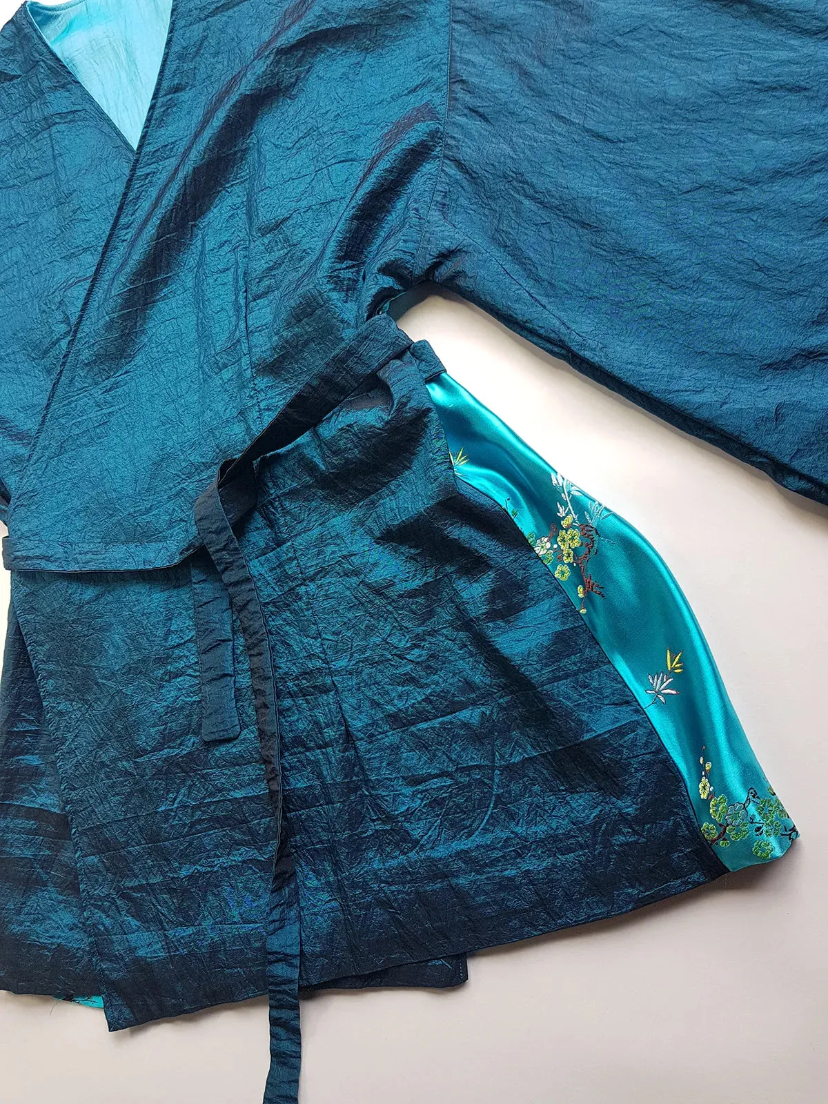 Sumptuous Silk Satin 90s Oriental Brocade & Azure Blue Wrap Jacket / Mini Dress - Perfect Evening Piece