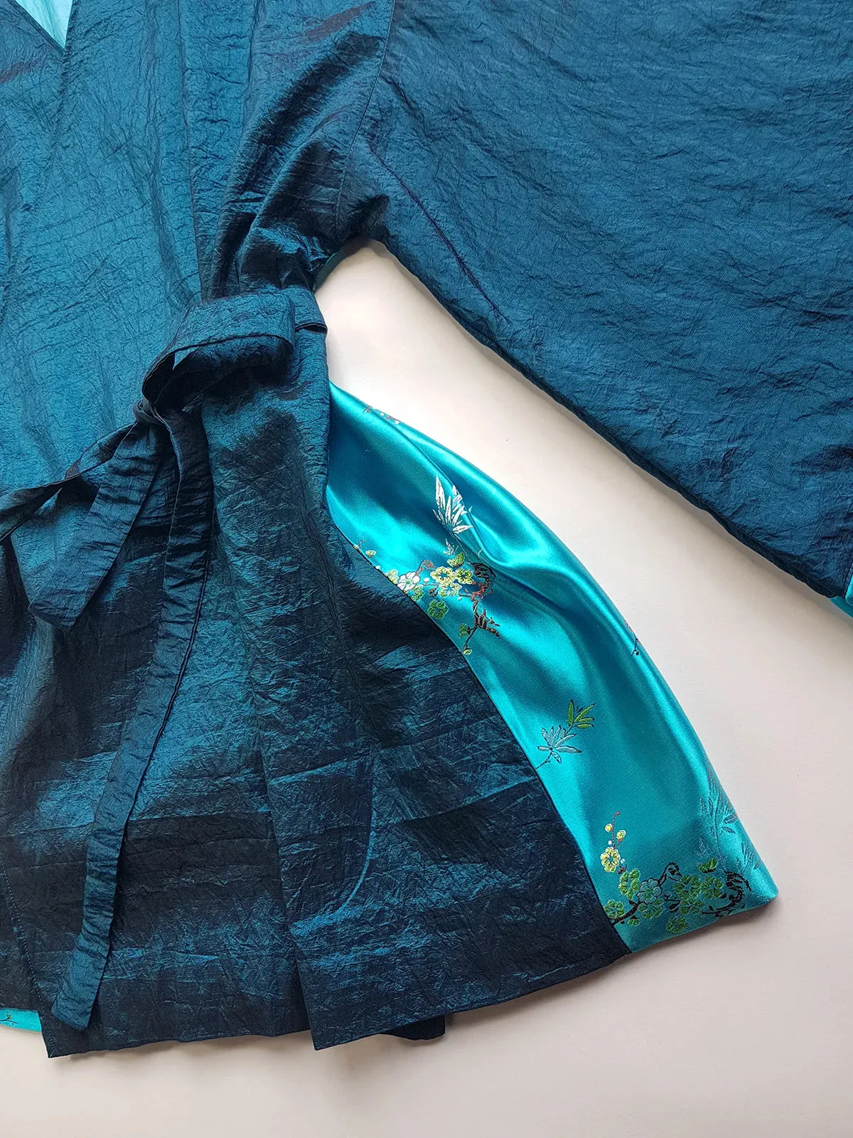 Sumptuous Silk Satin 90s Oriental Brocade & Azure Blue Wrap Jacket / Mini Dress - Perfect Evening Piece