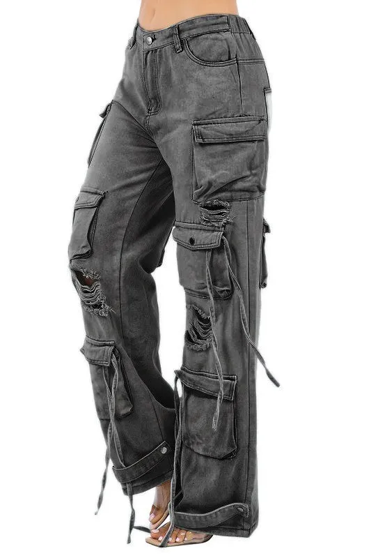 TEEK - DISTRESSED MESS CARGO DENIM PANTS