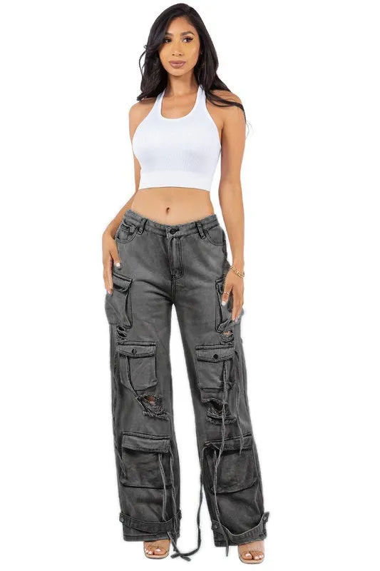 TEEK - DISTRESSED MESS CARGO DENIM PANTS