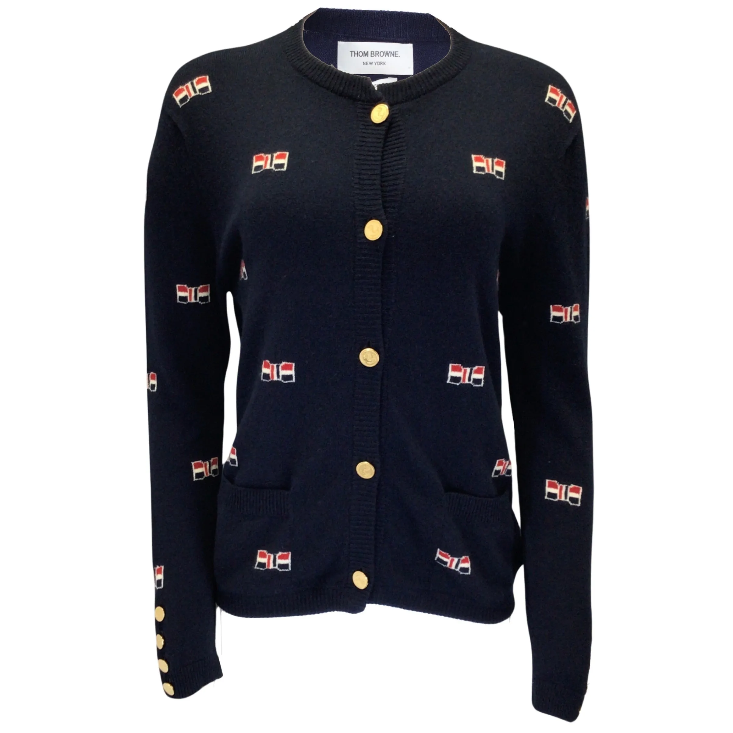 Thom Browne Navy Blue Bow Design Long Sleeved Button-down Cashmere Knit Cardigan Sweater