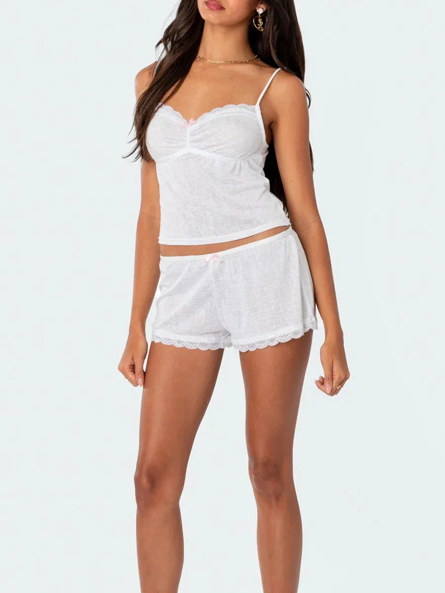 Trim Sleeveless Solid Color Cami Tops Elastic Shorts Y2k Sleepwear Lace Pajamas