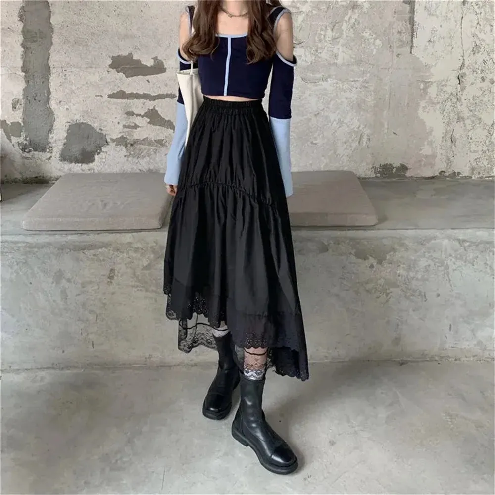 Uniwim Vintage Black Gothic Y2K Long Skirt Autumn Lace Stitching Irregular Pleated Skirt Women White Korean Solid Hip Hop Streetwear