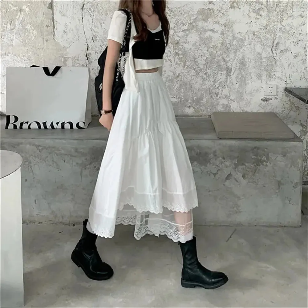 Uniwim Vintage Black Gothic Y2K Long Skirt Autumn Lace Stitching Irregular Pleated Skirt Women White Korean Solid Hip Hop Streetwear