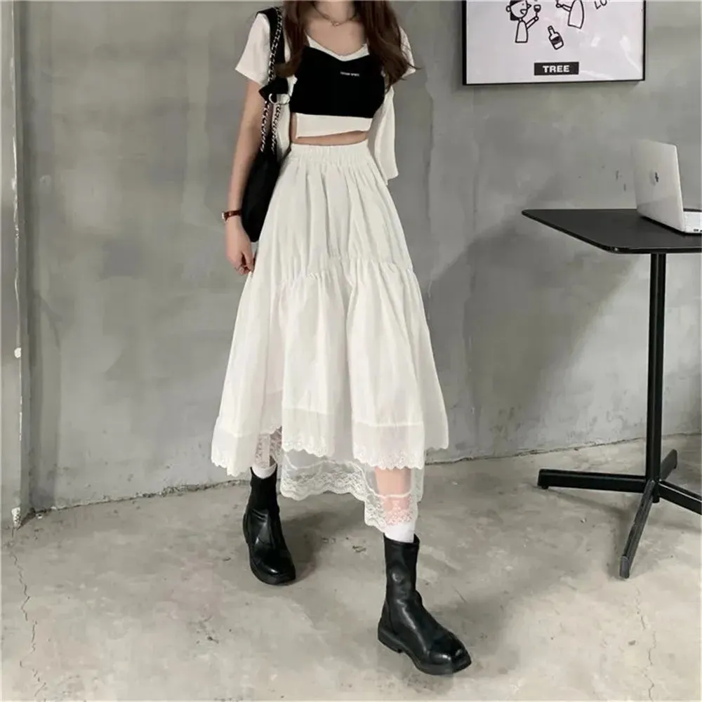 Uniwim Vintage Black Gothic Y2K Long Skirt Autumn Lace Stitching Irregular Pleated Skirt Women White Korean Solid Hip Hop Streetwear