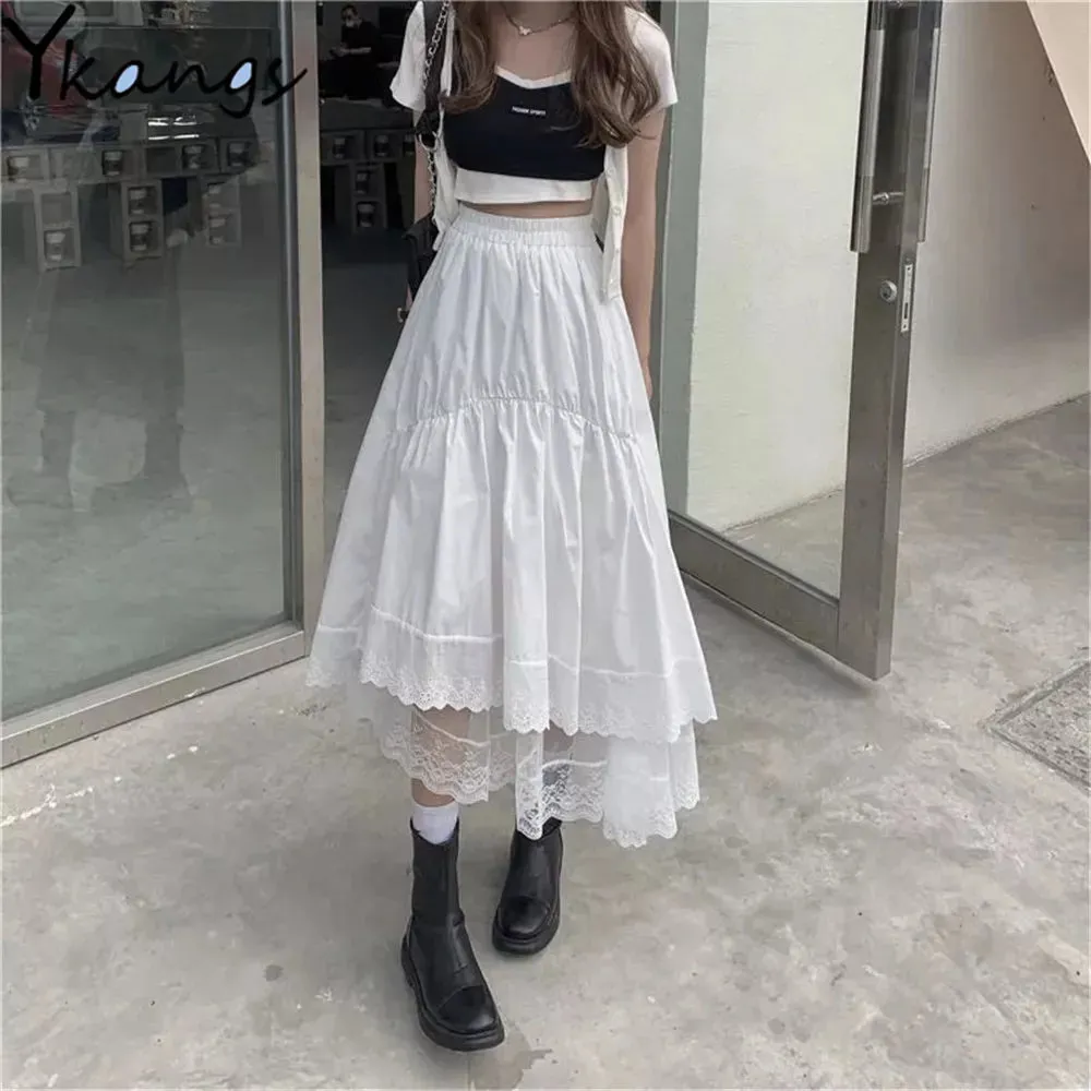 Uniwim Vintage Black Gothic Y2K Long Skirt Autumn Lace Stitching Irregular Pleated Skirt Women White Korean Solid Hip Hop Streetwear