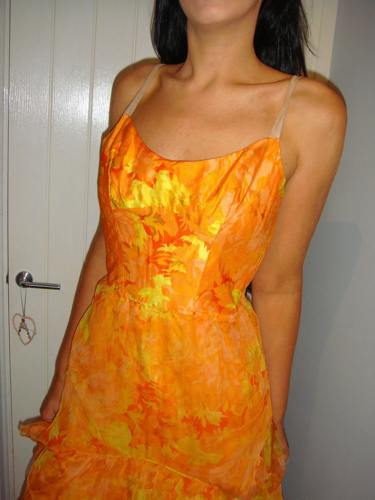 Vintage dress in  yellow orange genuine 1950's Highschool prom dress in silk