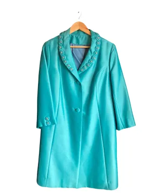 Vintage Peggy French Couture Turquoise 3/4 Sleeved Dress Suit And Long Sleeved Coat UK Size 16