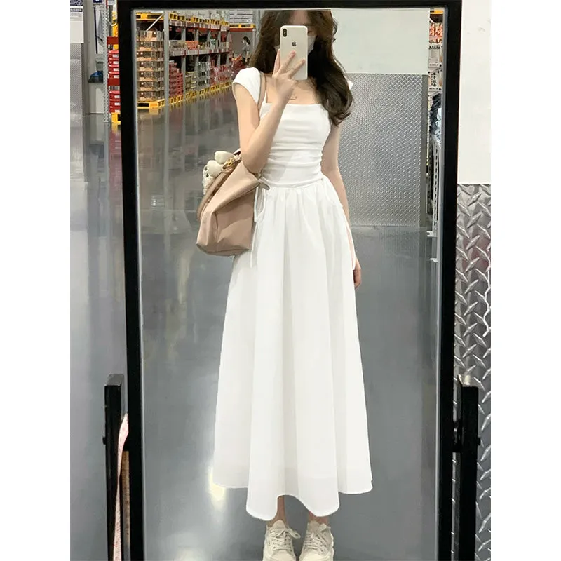 White Dress Women's Summer -Sense  Cinched Drawstring Stitching Fake Two-Piece Flying Sleeve Suspender Dress Long Skirt