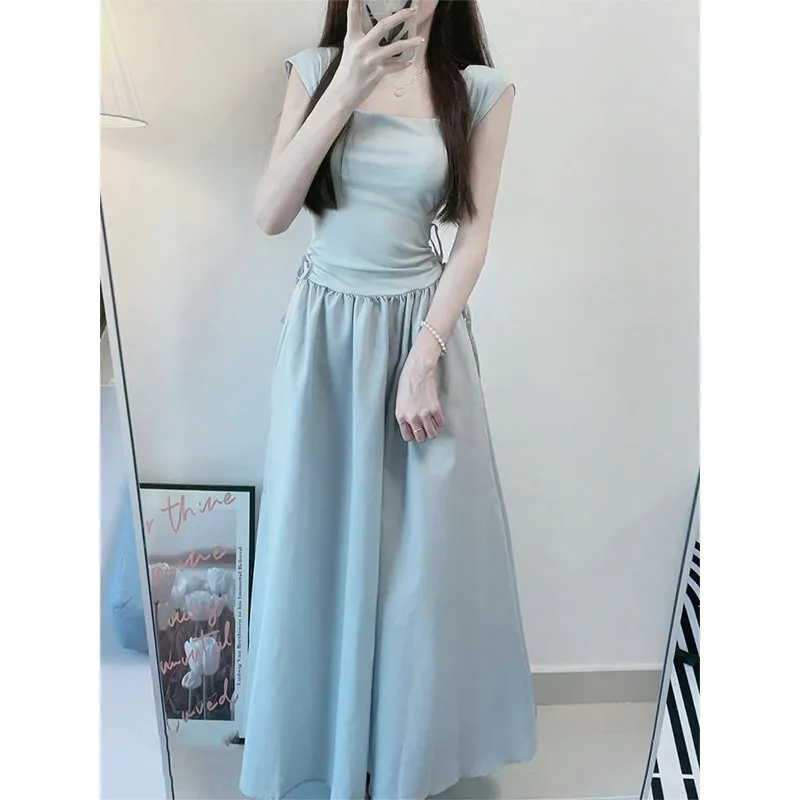 White Dress Women's Summer -Sense  Cinched Drawstring Stitching Fake Two-Piece Flying Sleeve Suspender Dress Long Skirt