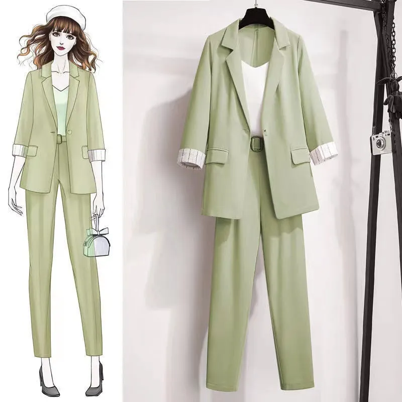 Wjczt 2022 spring new Korean elegant women&#39;s suit female blazer leisure pants Tweed suit jacket three piece jacket pants set