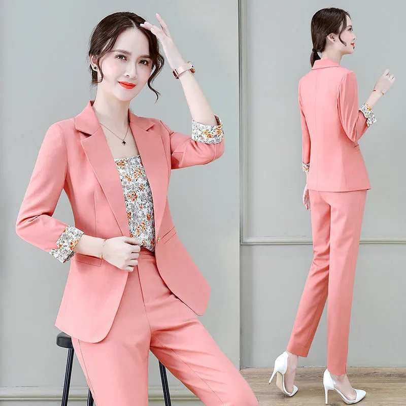 Wjczt 2022 Summer New Korean Fashion Elegant Women's Pants Suit Printed Vest Flannel Jacket Casual Trousers Three Piece Set Blazer