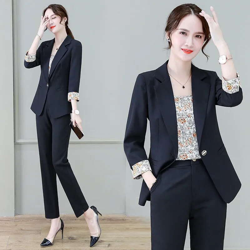 Wjczt 2022 Summer New Korean Fashion Elegant Women's Pants Suit Printed Vest Flannel Jacket Casual Trousers Three Piece Set Blazer