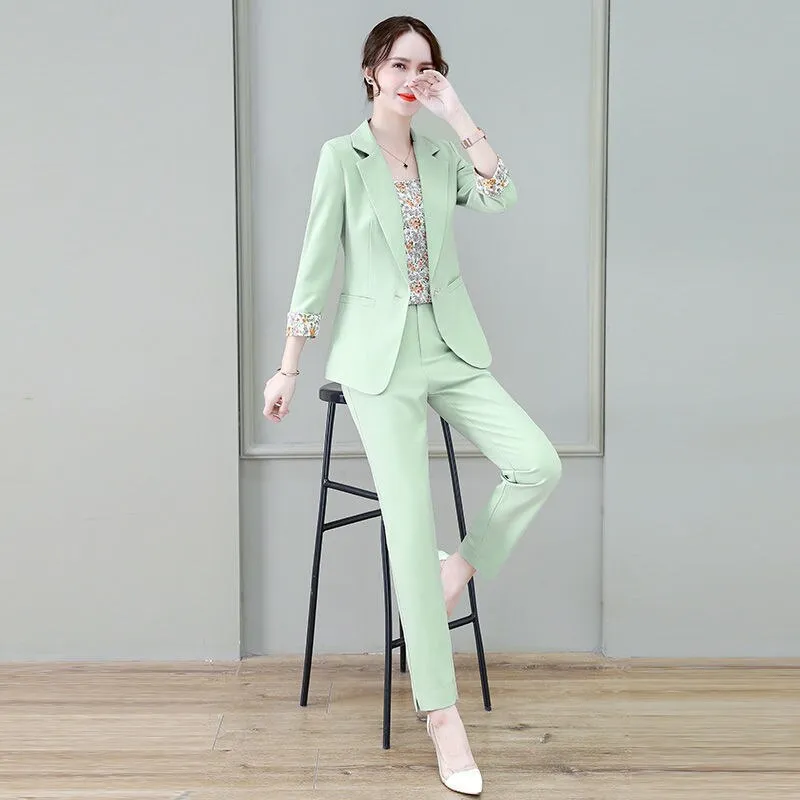 Wjczt 2022 Summer New Korean Fashion Elegant Women's Pants Suit Printed Vest Flannel Jacket Casual Trousers Three Piece Set Blazer