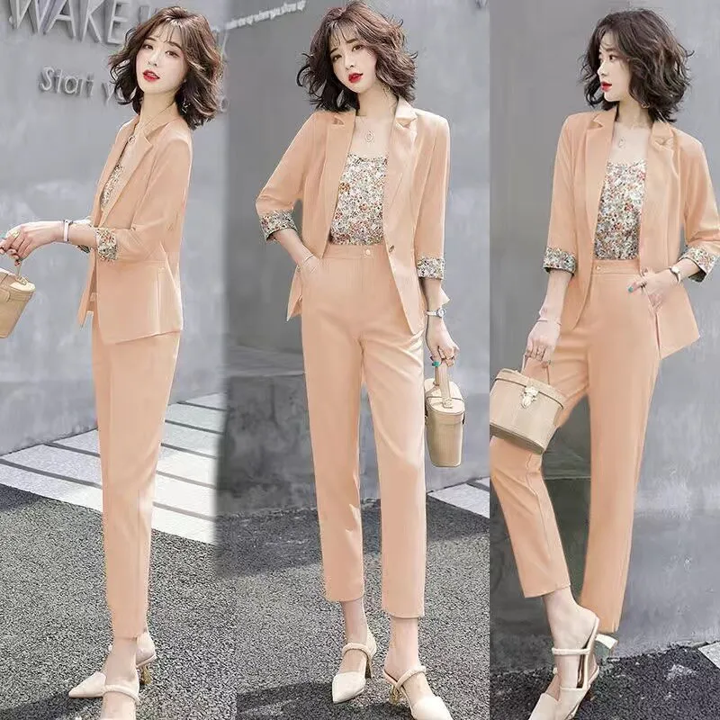 Wjczt 2022 Summer New Korean Fashion Elegant Women's Pants Suit Printed Vest Flannel Jacket Casual Trousers Three Piece Set Blazer