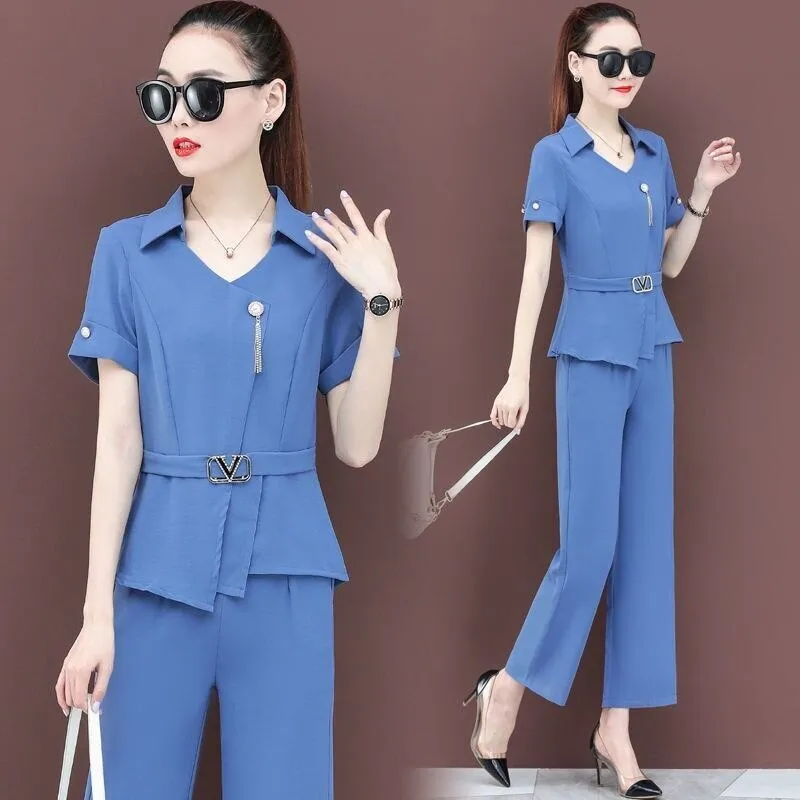 Wjczt Korean Style Summer Elegant Women's Pants Set Belt Decorative Asymmetric Chiffon Shirt Casual Pants Two-piece Set Tracksut