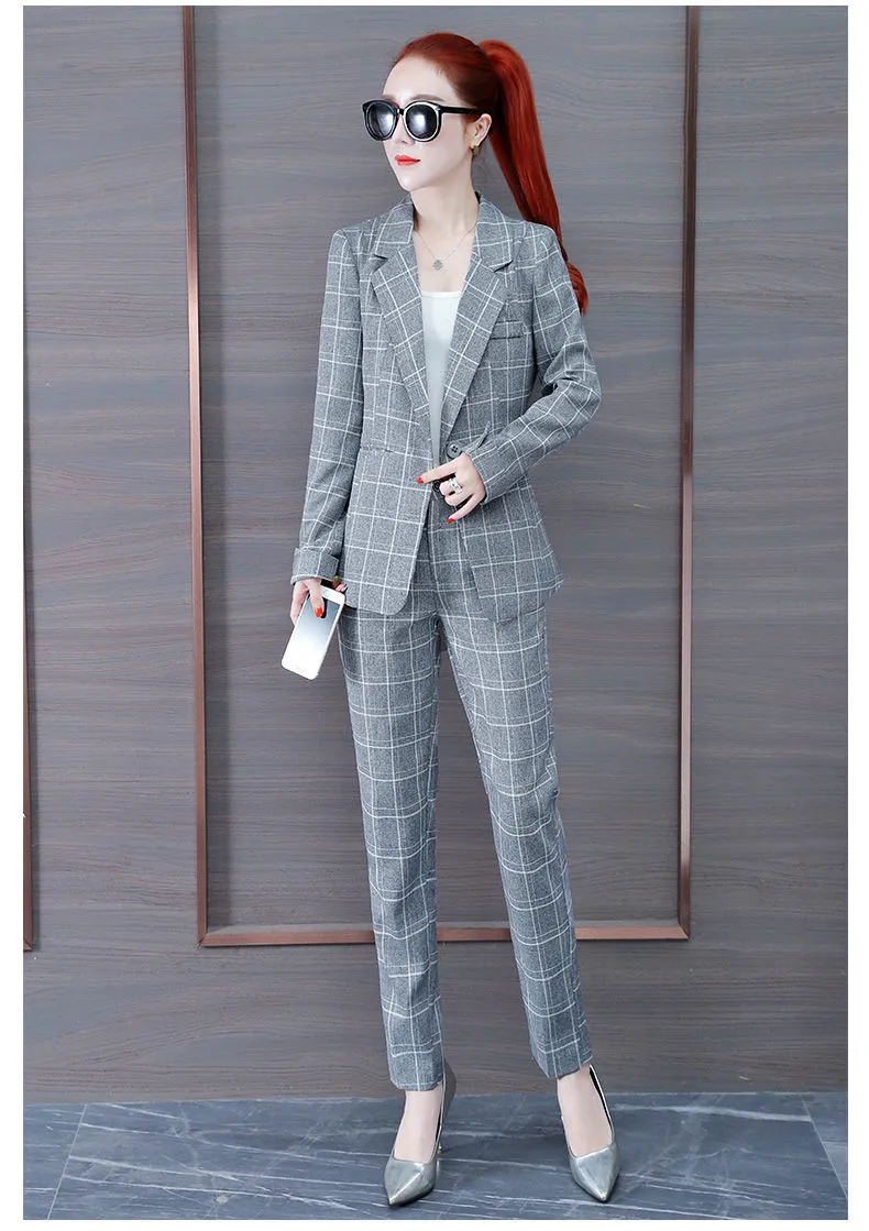 Wjczt Summer New Korean Fashion Elegant Women's Pants Suit Thousand Bird Lattice Slim Fit Jacket White Vest Trousers Three Piece Set