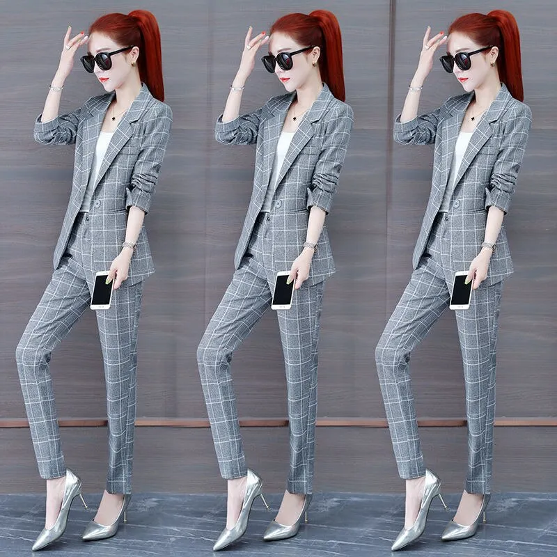 Wjczt Summer New Korean Fashion Elegant Women's Pants Suit Thousand Bird Lattice Slim Fit Jacket White Vest Trousers Three Piece Set