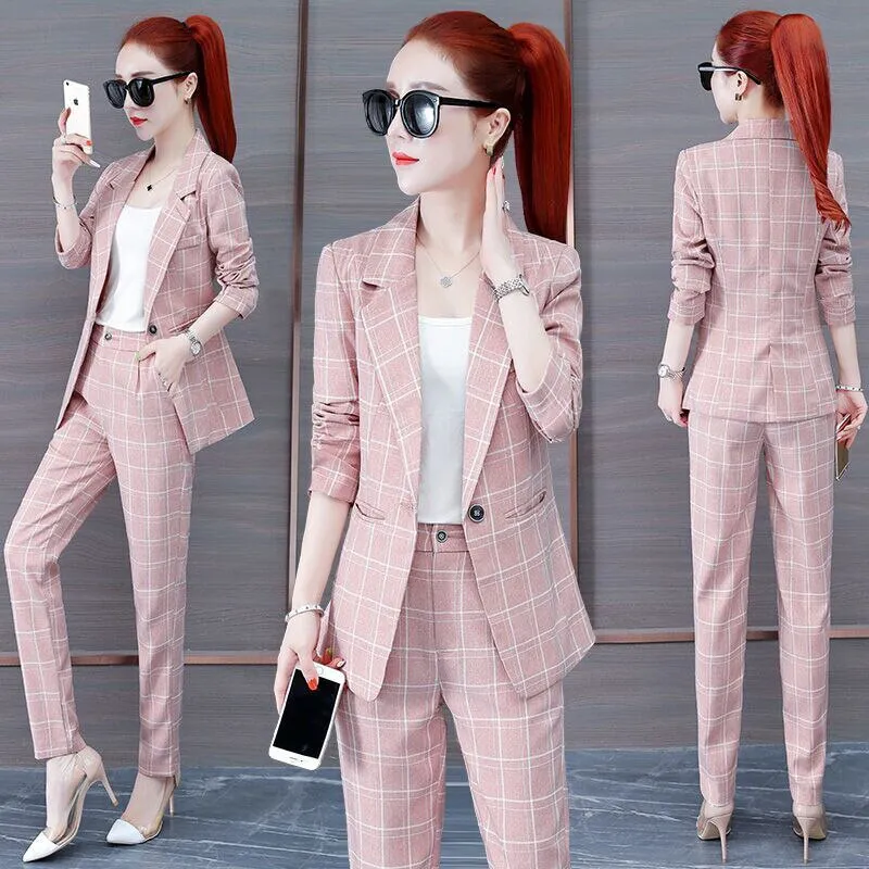 Wjczt Summer New Korean Fashion Elegant Women's Pants Suit Thousand Bird Lattice Slim Fit Jacket White Vest Trousers Three Piece Set