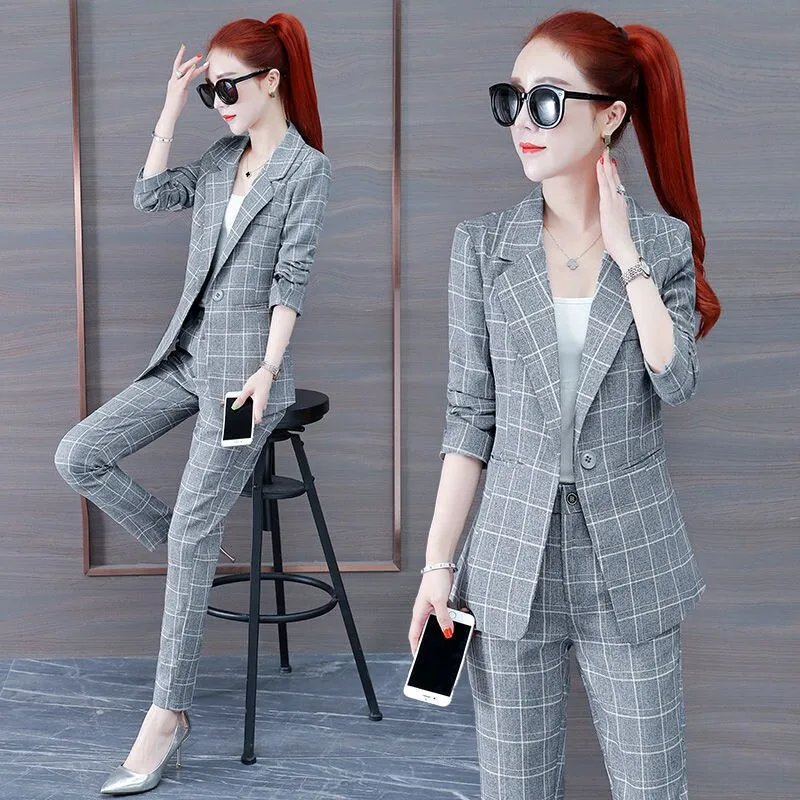 Wjczt Summer New Korean Fashion Elegant Women's Pants Suit Thousand Bird Lattice Slim Fit Jacket White Vest Trousers Three Piece Set