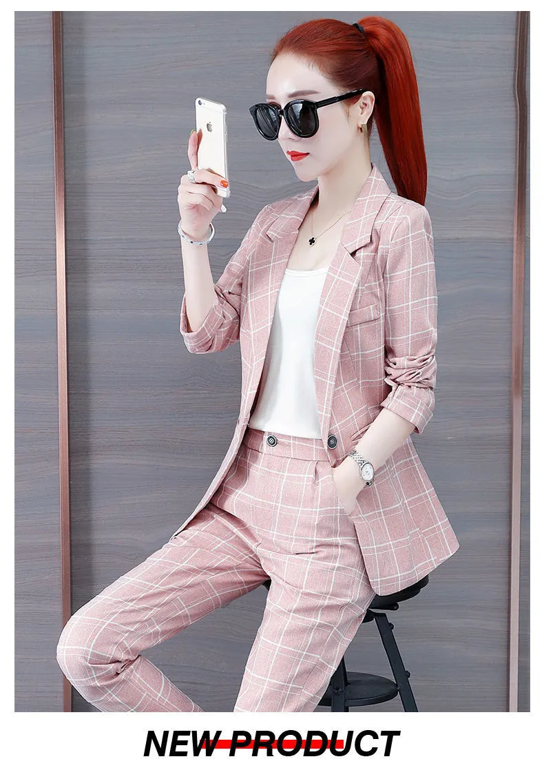 Wjczt Summer New Korean Fashion Elegant Women's Pants Suit Thousand Bird Lattice Slim Fit Jacket White Vest Trousers Three Piece Set