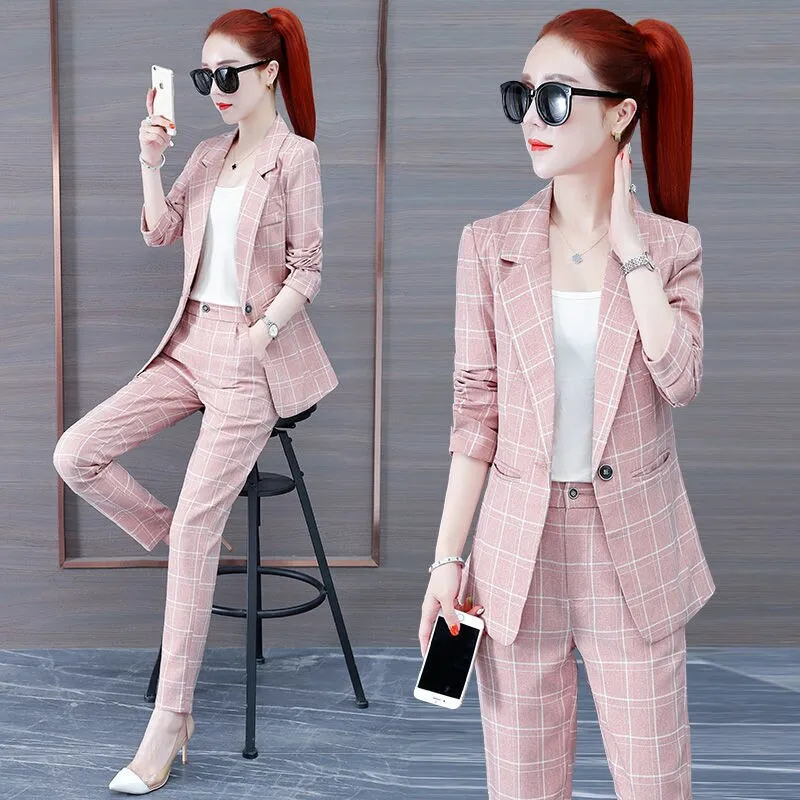 Wjczt Summer New Korean Fashion Elegant Women's Pants Suit Thousand Bird Lattice Slim Fit Jacket White Vest Trousers Three Piece Set