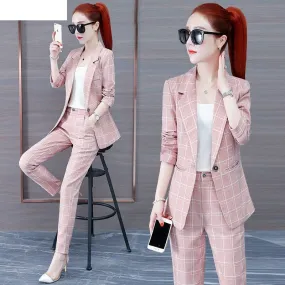 Wjczt Summer New Korean Fashion Elegant Women's Pants Suit Thousand Bird Lattice Slim Fit Jacket White Vest Trousers Three Piece Set