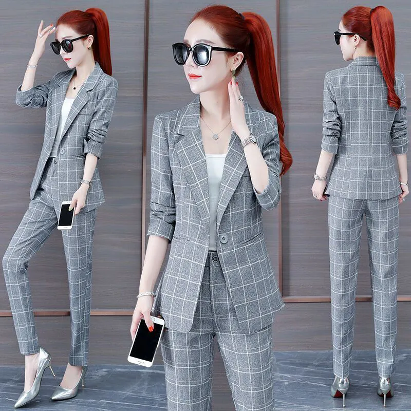 Wjczt Summer New Korean Fashion Elegant Women's Pants Suit Thousand Bird Lattice Slim Fit Jacket White Vest Trousers Three Piece Set