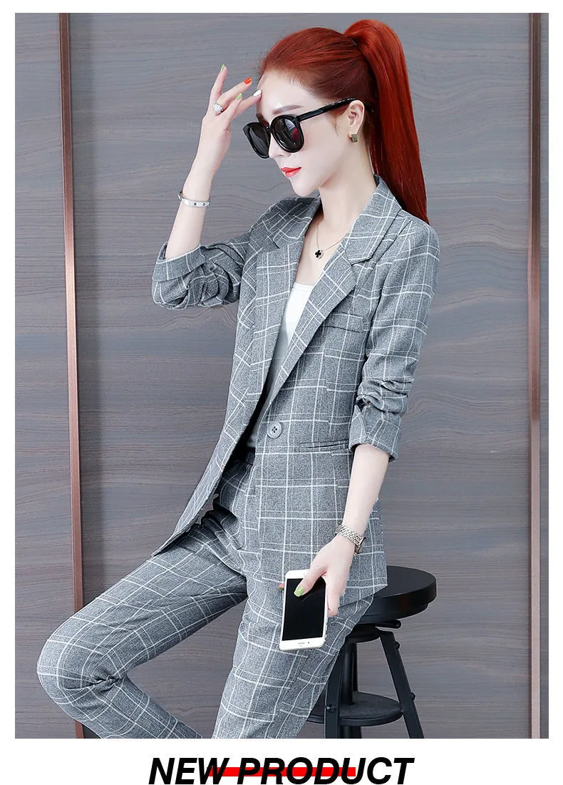 Wjczt Summer New Korean Fashion Elegant Women's Pants Suit Thousand Bird Lattice Slim Fit Jacket White Vest Trousers Three Piece Set