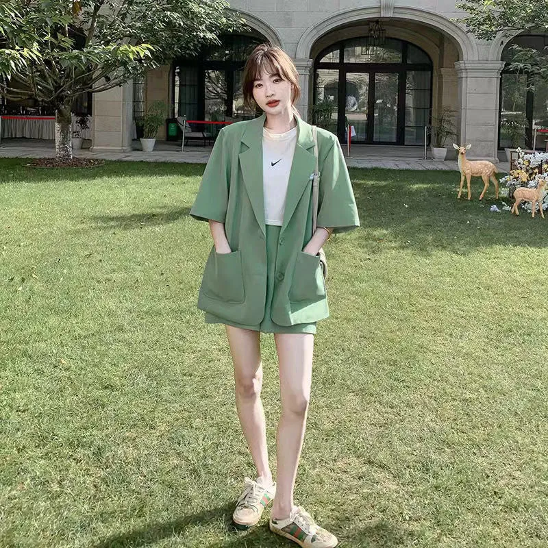 Wjczt Summer New Loose Casual Elegant Women's Shorts Suit Fruit Green Jacket Shorts Two Piece Set Female Tracksuit Office Leisure Suit