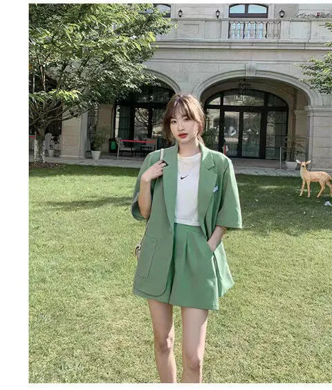 Wjczt Summer New Loose Casual Elegant Women's Shorts Suit Fruit Green Jacket Shorts Two Piece Set Female Tracksuit Office Leisure Suit