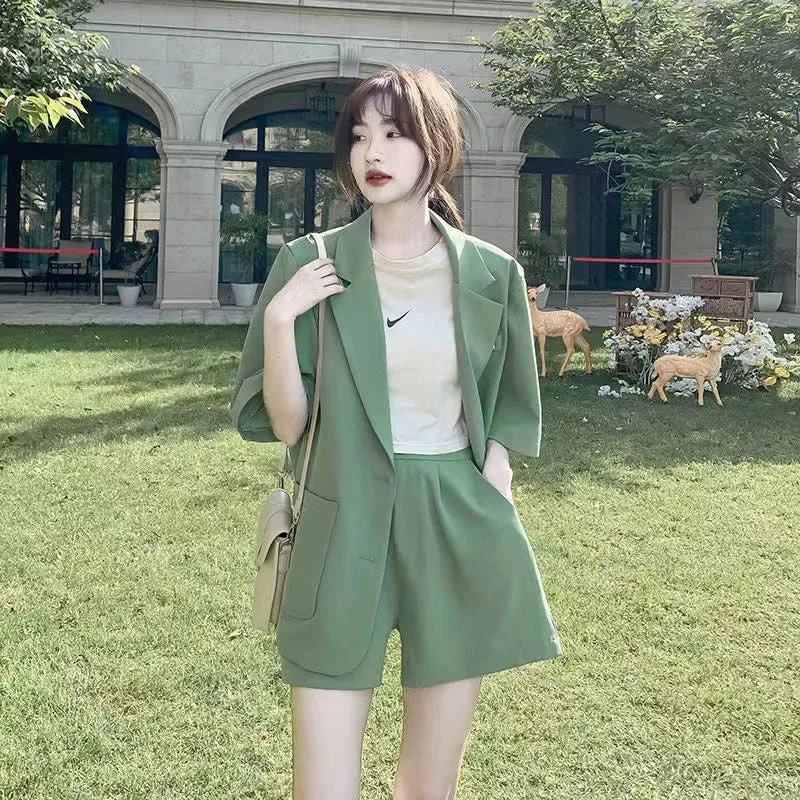 Wjczt Summer New Loose Casual Elegant Women's Shorts Suit Fruit Green Jacket Shorts Two Piece Set Female Tracksuit Office Leisure Suit