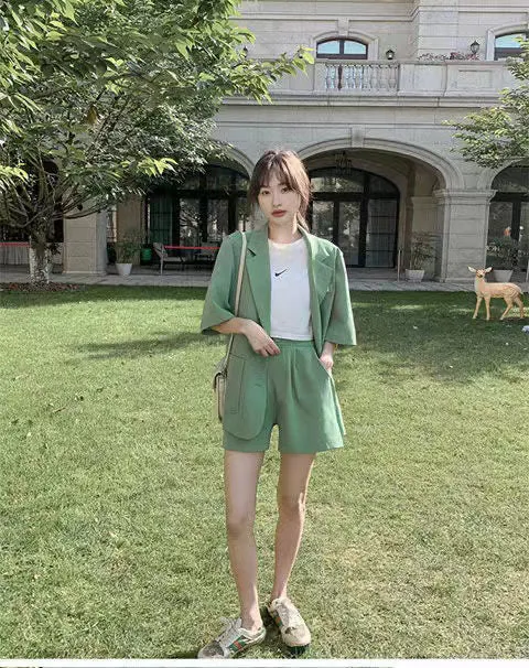 Wjczt Summer New Loose Casual Elegant Women's Shorts Suit Fruit Green Jacket Shorts Two Piece Set Female Tracksuit Office Leisure Suit