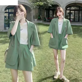 Wjczt Summer New Loose Casual Elegant Women's Shorts Suit Fruit Green Jacket Shorts Two Piece Set Female Tracksuit Office Leisure Suit