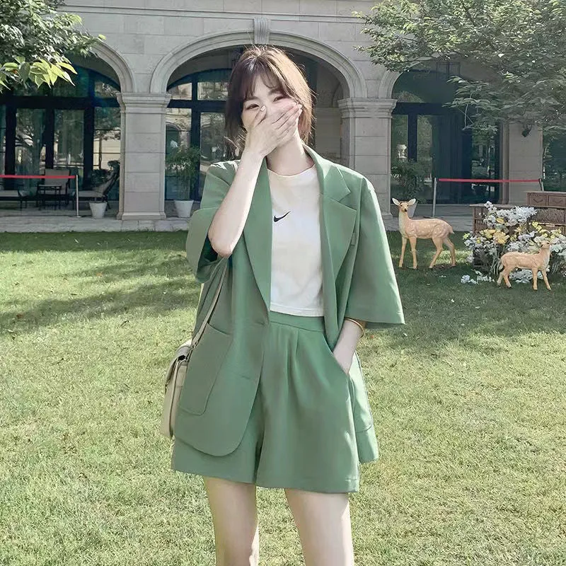 Wjczt Summer New Loose Casual Elegant Women's Shorts Suit Fruit Green Jacket Shorts Two Piece Set Female Tracksuit Office Leisure Suit