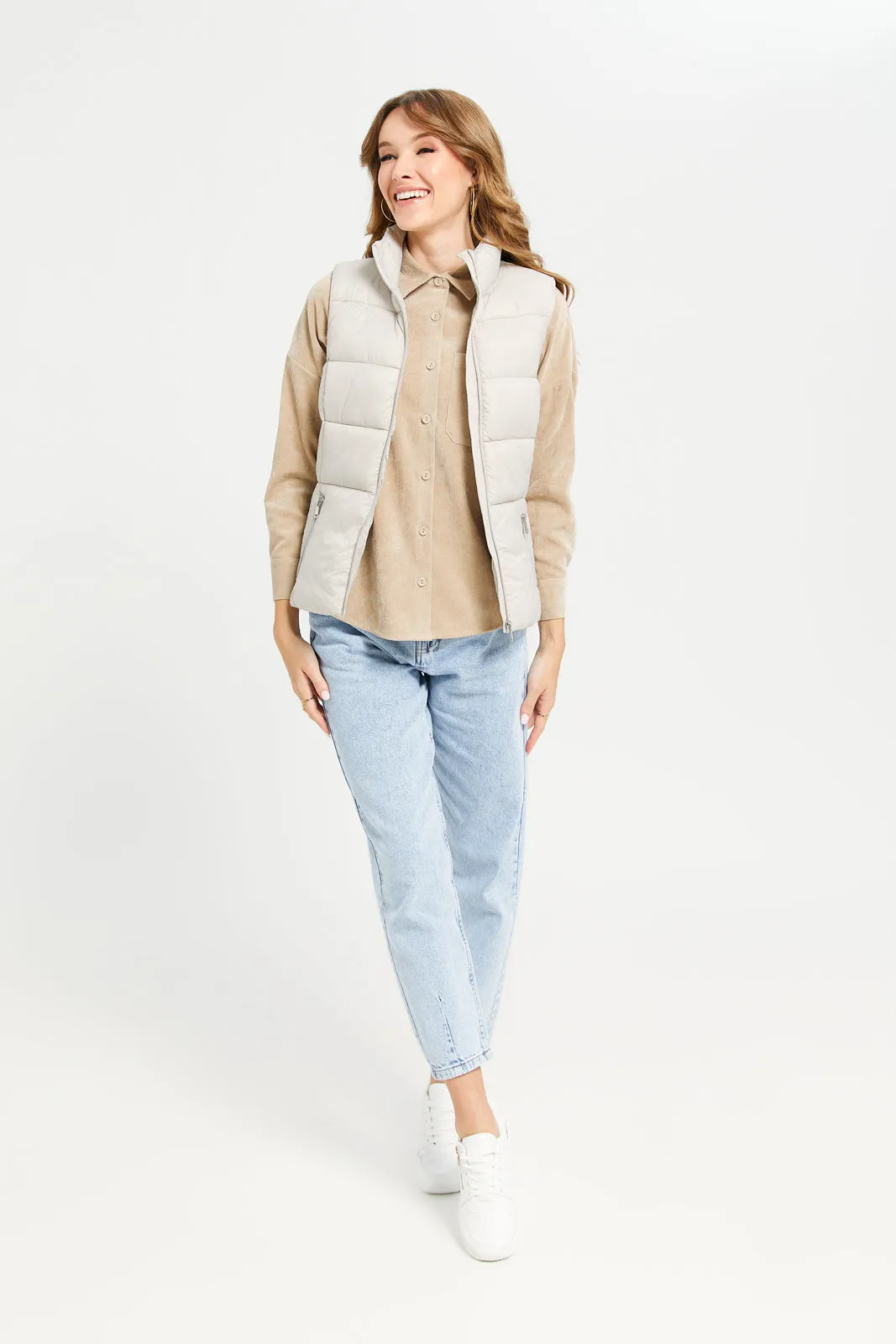 Women Beige Sleeveless Puffer Jacket